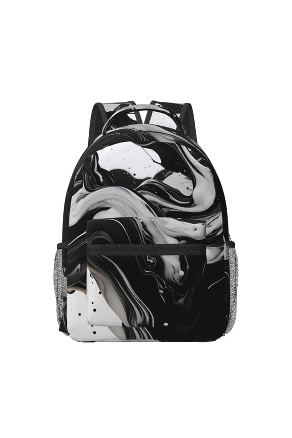 Fluid Black White Paint Swirls Pattern Durable Student Backpack Laptop Bag- Ergonomic Design, Waterproof Twill Fabric - Ideal for School, Travel, and Outdoor Activities-One Size
