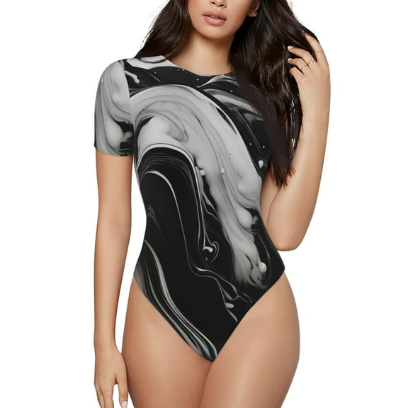 Rateoe Fluid Black White Paint Swirls Printed Women Rash Guard Short Sleeve,Tummy control Swimsuit Surfing Swimsuit Bathing Suit Short-sleeved Onesie UPF 50 -XX-Large