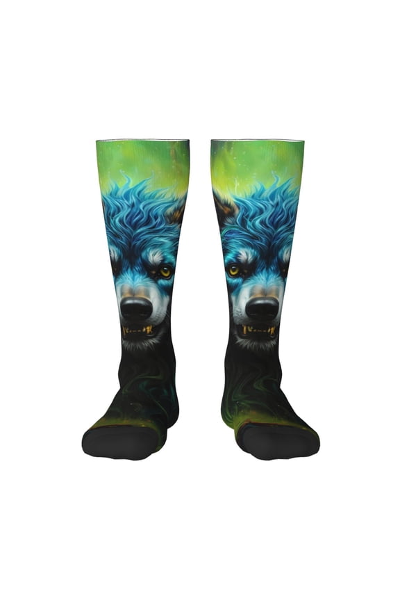 Fluorescent Wolf Pattern Women’s Knee High Crew Socks,Trouser Socks Comfortable, Breathable, Moisture-Wicking and Soft