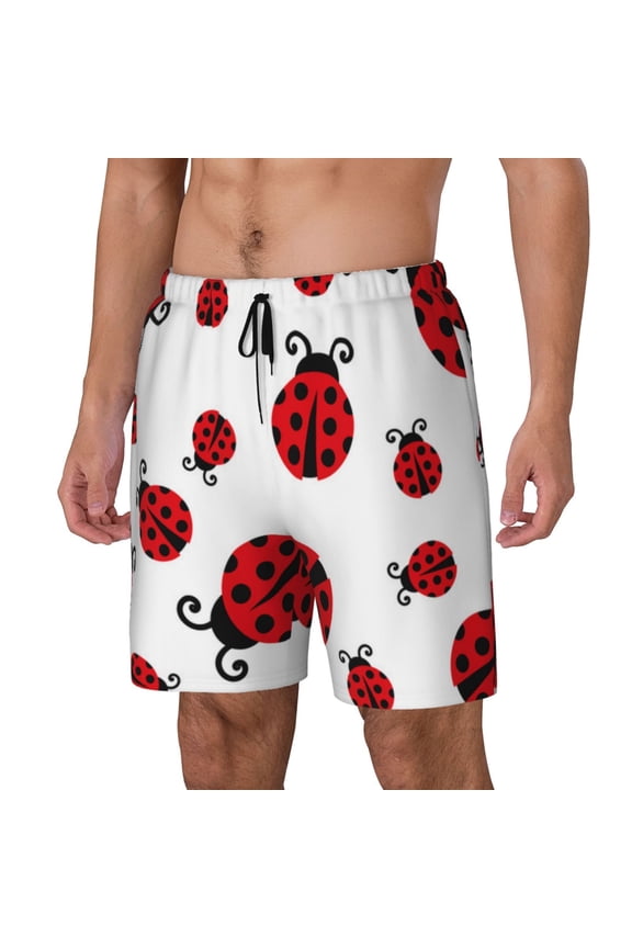 Fly Flying Ladybug Pattern Men’s Swim Shorts with Compression Liner – Double-Layered Quick-Dry Swimwear, Comfortable & Stretchy Beach Shorts-Medium