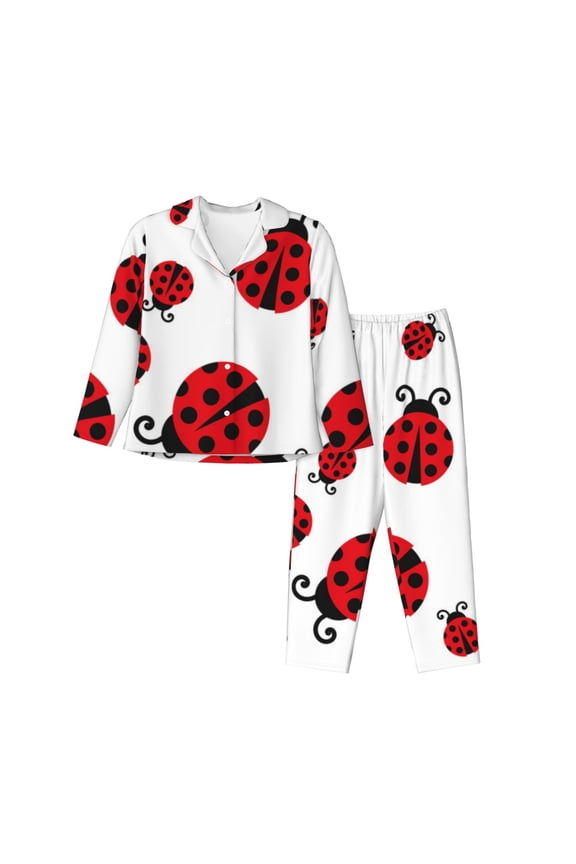 Fly Flying Ladybug Pattern Womens Pajamas Set Long Sleeve Sleepwear Button Down Nightwear Soft Cotton Pj Lounge Sets-Medium