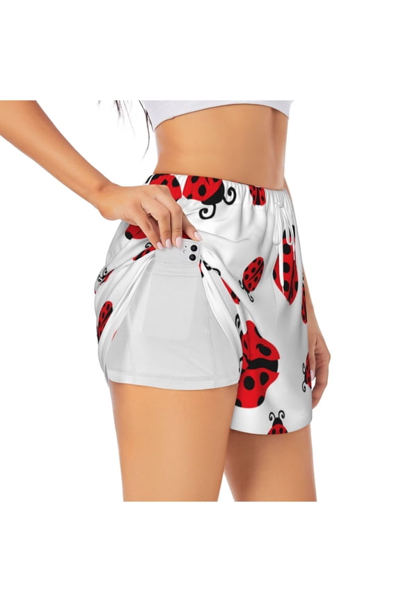 Fly Flying Ladybug Printed 2 in 1 Women's Workout Shorts for Athletic Gym Running Shorts with Phone Pockets-Medium