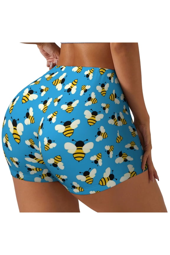 Flying Bees Printed Power Workout Shorts for Women Tummy Control Squat Proof Ribbed Thick Seamless Scrunch Active Short-Medium