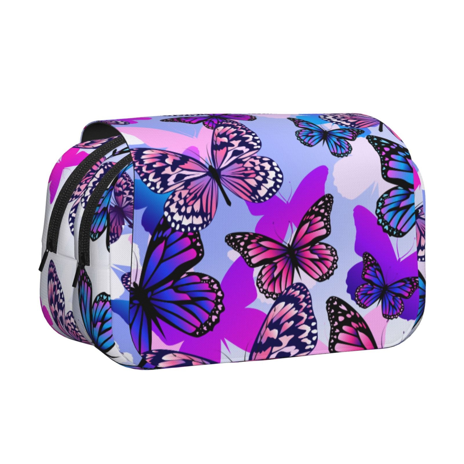 Rateoe Flying Butterflies Pattern Double Clamshell Pen Case, Storage Organizer with Two Zipper Compartments– Holds Up to 50 Pencils & Pens