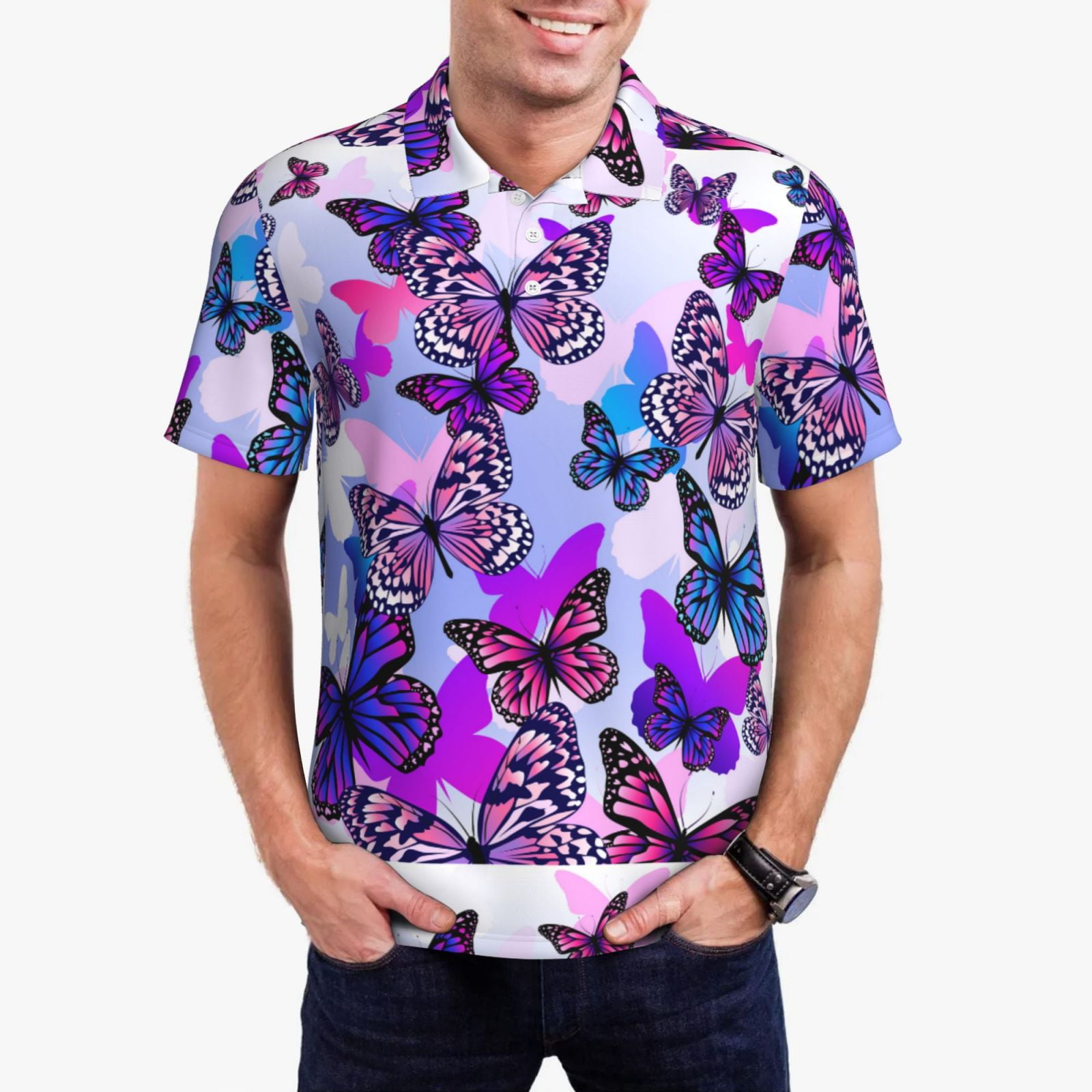 Rateoe Flying Butterflies Pattern Men's Short Sleeve Polo Shirts, Golf