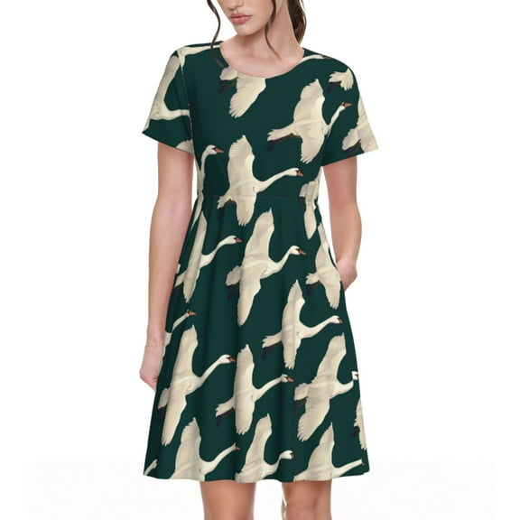 Rateoe Flying Swans Pattern Women’s Short Sleeve Dress – Casual Elegant Summer A-Line Dress for Everyday Wear
