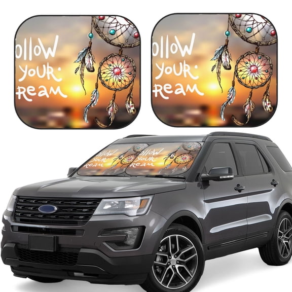 Rateoe Follow Your Dream Dreamcatcher Pattern 2 Piece Car Windshield Sun Shade Foldable | Front Windshield Shade for Sun, Heat and UV Rays | Sunshade for Car Front Window-Small