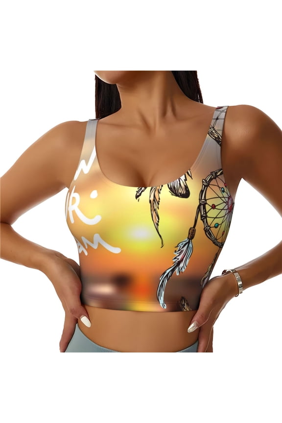 Follow Your Dream Dreamcatcher Print Womens' Sports Bras Scoop Neck Sports Vest- Padded U Back Seamless High Impact Support-Medium