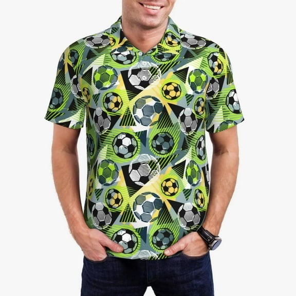 Rateoe Football Doodle Pattern Men's Short Sleeve Polo Shirts, Golf Polo Shirts Short Sleeve Performance Moisture Wicking Dry-Large