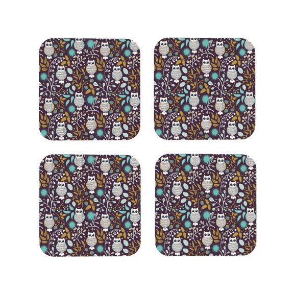 Rateoe Forest Cute Owl Drawing Drink Coasters Set of 4 Leather Coasters Spill Protection for Table Desk,Durable and Non Slip Leather Coaster ,4 Inches Drink Mats-Square
