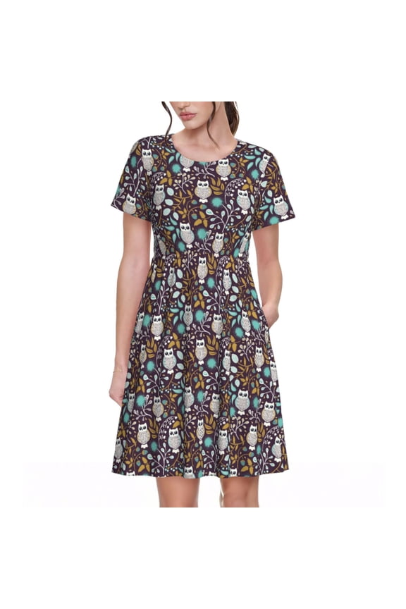 Forest Cute Owl Pattern Women’s Short Sleeve Dress – Casual Elegant Summer A-Line Dress for Everyday Wear