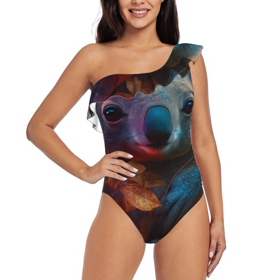 Rateoe Forest Koala Pattern Women One Piece Swimsuits Tummy Control One Shoulder Bathing Suits Ruffle Swimwear-