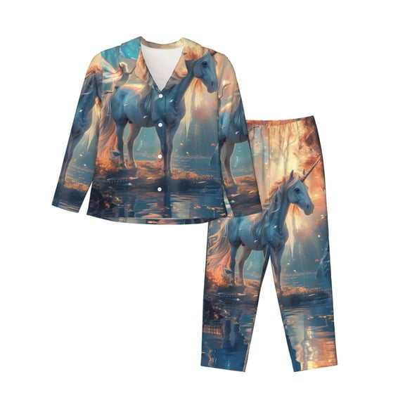 Rateoe Forest Lake White Horse Pattern Womens Pajamas Set Long Sleeve Sleepwear Button Down Nightwear Soft Cotton Pj Lounge Sets