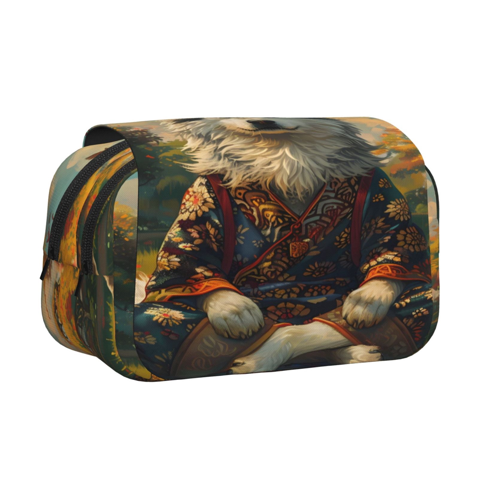 Rateoe Forest Maple Leaf Husky Pattern Double Clamshell Pen Case, Storage Organizer with Two Zipper Compartments– Holds Up to 50 Pencils & Pens