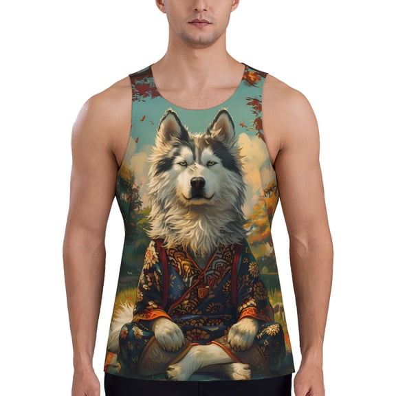 Rateoe Forest Maple Leaf Husky Pattern Sleeveless Gym Shirt Muscle Tee Breathable Workout Shirt Slim-Fit Tank Quick Dry Fit Muscle Tank Top Bodybuilding Sleeveless T Shirt-Medium