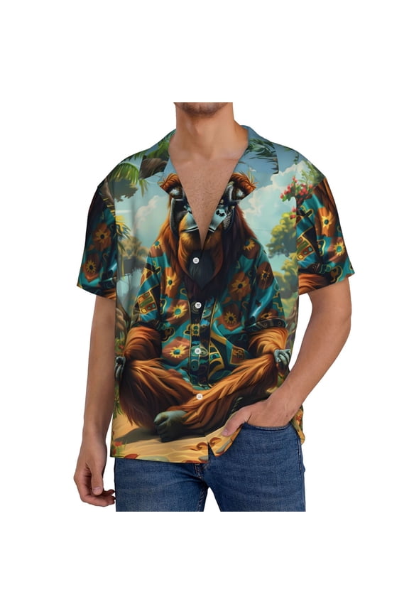 Forest Meditating Gorilla Pattern Men's Short Sleeve Classic Shirt, Casual Short-Sleeved Shirt, Lightweight Summer Shirt, Cuban Collar Shirt,Button-Front Shirt-Small