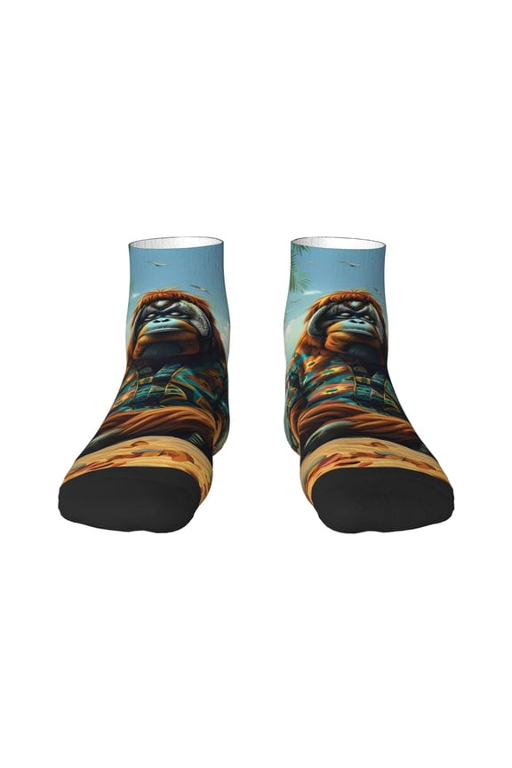 Forest Meditating Gorilla Pattern Quarter Crew Socks,Toe Seamed Ankle Socks,Cotton Cushioned Breathable Athletic Crew Sports Socks