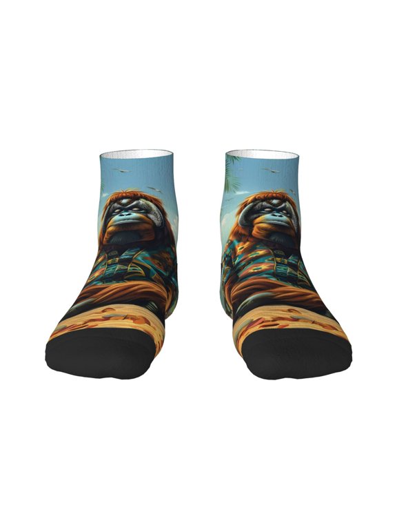 Forest Meditating Gorilla Pattern Quarter Crew Socks,Toe Seamed Ankle Socks,Cotton Cushioned Breathable Athletic Crew Sports Socks