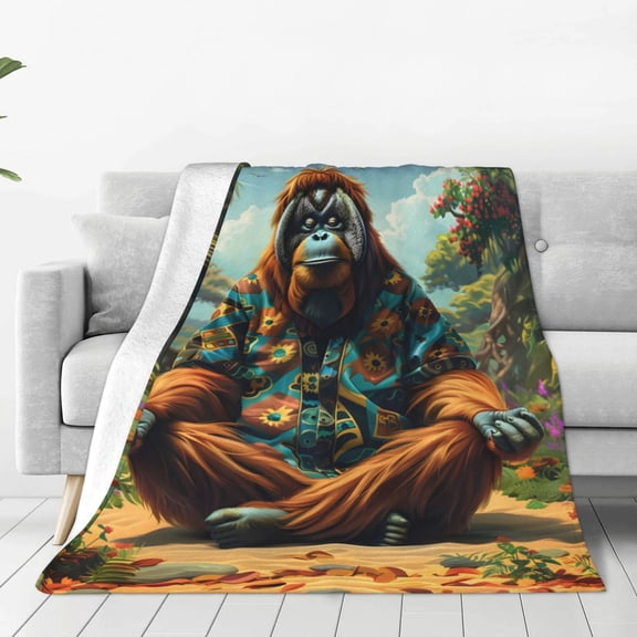 Rateoe Forest Meditating Gorilla Print Fuzzy Fleece Throw Blanket Extra Large,Super Soft,Fluffy and Warm Blankets for Couch,Bed,All Season Use (50"x40")