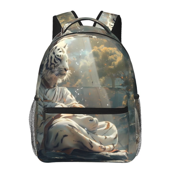 Rateoe Forest Meditating White Tiger Pattern Casual Backpack for School, Work, Travel  Adjustable Straps, Multiple Compartments  Ergonomic Design, Fits Laptops and Tablets