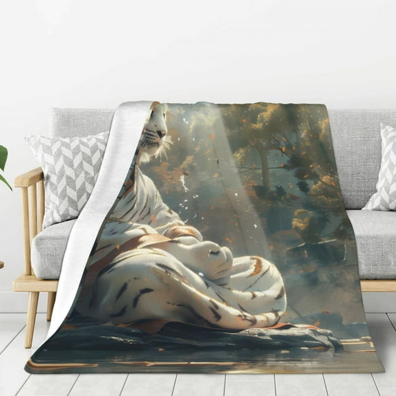 Rateoe Forest Meditating White Tiger Pattern Flannel Throw Blanket, Ultra-soft Blanket for Bed, Couch, Car, Hypoallergenic Anti-pilling blanket-50"x40"(Vertical)