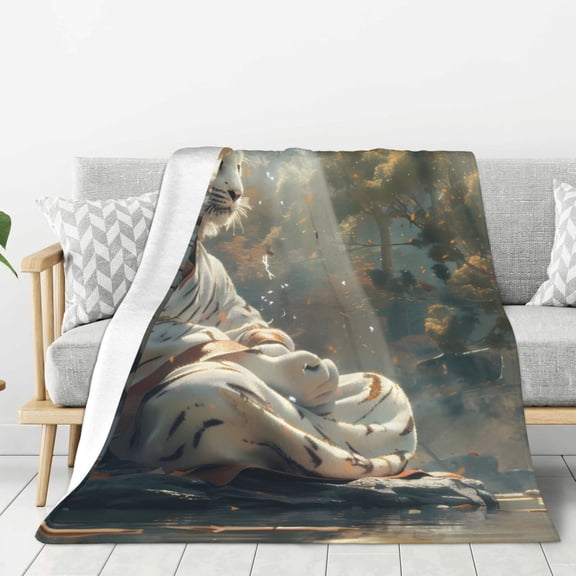 Rateoe Forest Meditating White Tiger Pattern Flannel Throw Blanket, Ultra-soft Blanket for Bed, Couch, Car, Hypoallergenic Anti-pilling blanket-80"x60"(Vertical)