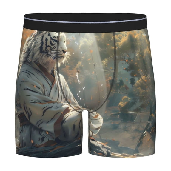 Rateoe Forest Meditating White Tiger Print Men’s Underwear Boxer Briefs Soft Comfortable Underwear Boxer Briefs, Long Leg Briefs,Anti-chafing Boxer Briefs