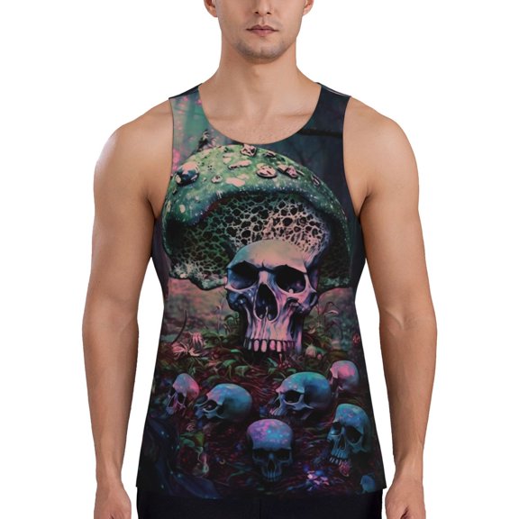Rateoe Forest Mushroom Skull Pattern Sleeveless Gym Shirt Muscle Tee Breathable Workout Shirt Slim-Fit Tank Quick Dry Fit Muscle Tank Top Bodybuilding Sleeveless T Shirt-
