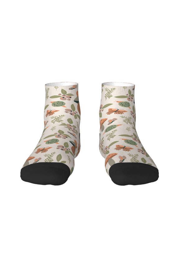 Forest Mushrooms Insects Pattern Quarter Crew Socks,Toe Seamed Ankle Socks,Cotton Cushioned Breathable Athletic Crew Sports Socks