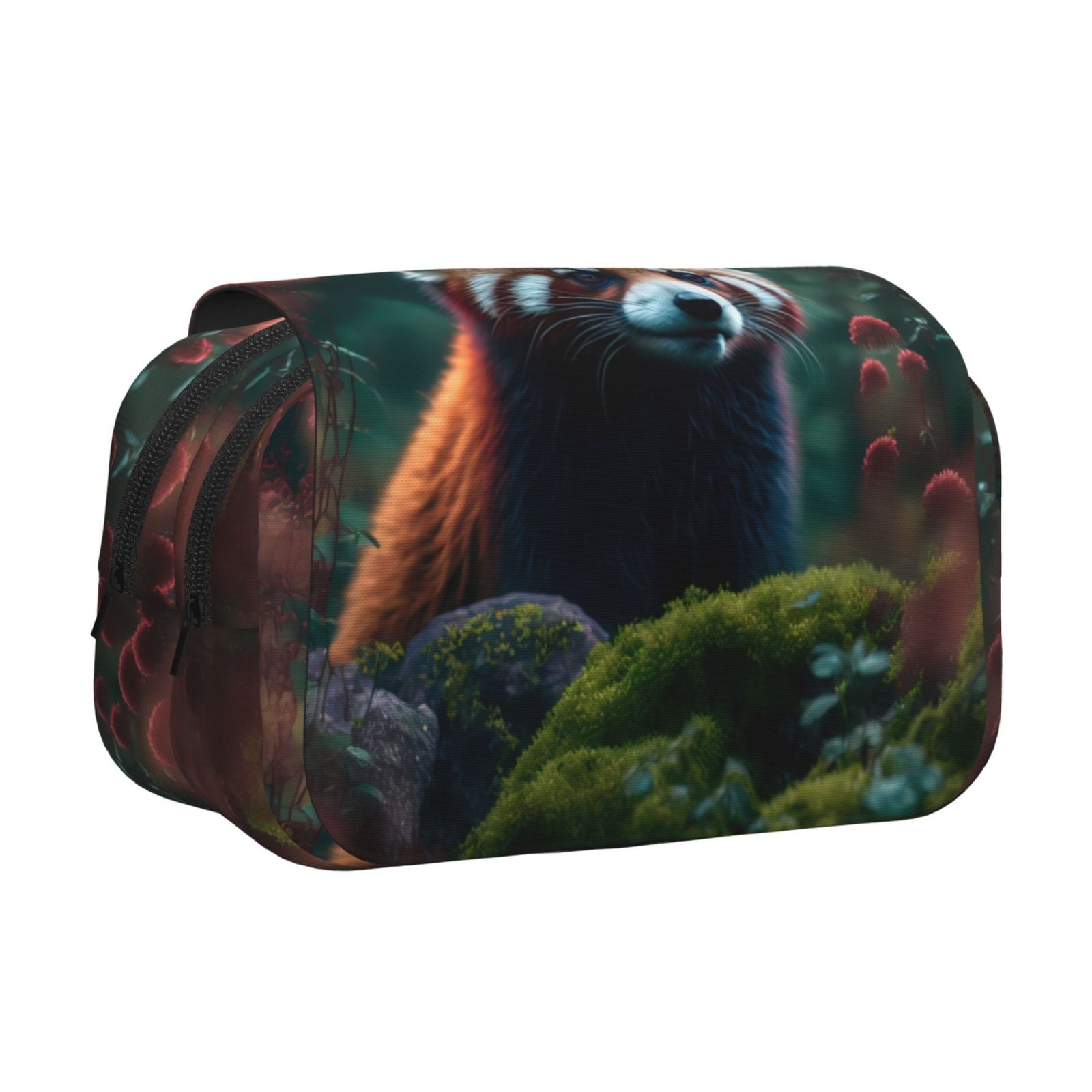 Rateoe Forest Plant Raccoon Pattern Double Clamshell Pen Case, Storage Organizer with Two Zipper Compartments– Holds Up to 50 Pencils & Pens