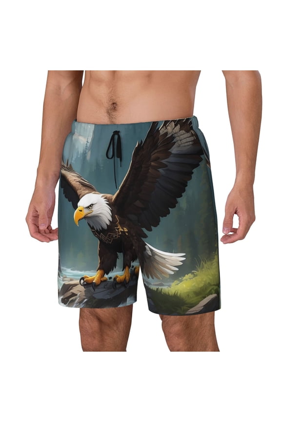 Forest River Bald Eagle Pattern Men’s Swim Shorts with Compression Liner – Double-Layered Quick-Dry Swimwear, Comfortable & Stretchy Beach Shorts-Large