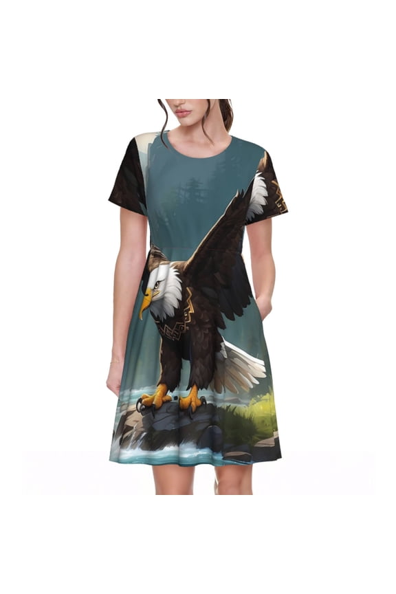 Forest River Bald Eagle Pattern Women’s Short Sleeve Dress – Casual Elegant Summer A-Line Dress for Everyday Wear