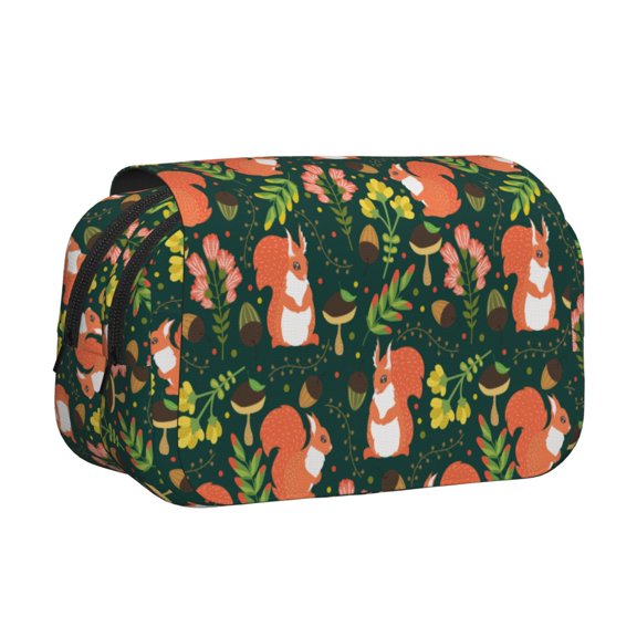Rateoe Forest Squirrel Pattern Double Clamshell Pen Case, Storage Organizer with Two Zipper Compartments– Holds Up to 50 Pencils & Pens