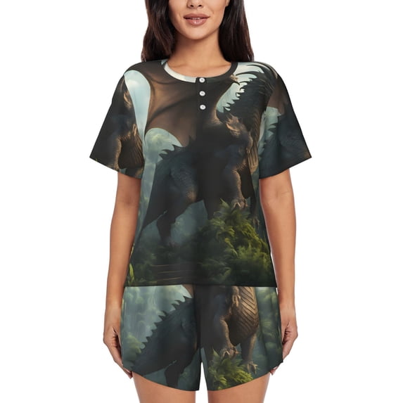 Rateoe Forest Stone-Colored Dragon Pattern Women's Short-Sleeved Pajama Set - 2 Piece Soft and Lightweight Sleepwear Set-Medium