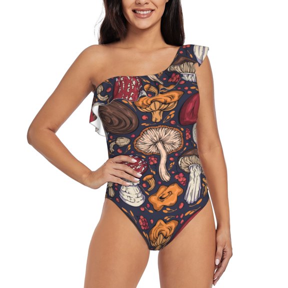 Rateoe Forest Wild Mushroom Pattern Women One Piece Swimsuits Tummy Control One Shoulder Bathing Suits Ruffle Swimwear-