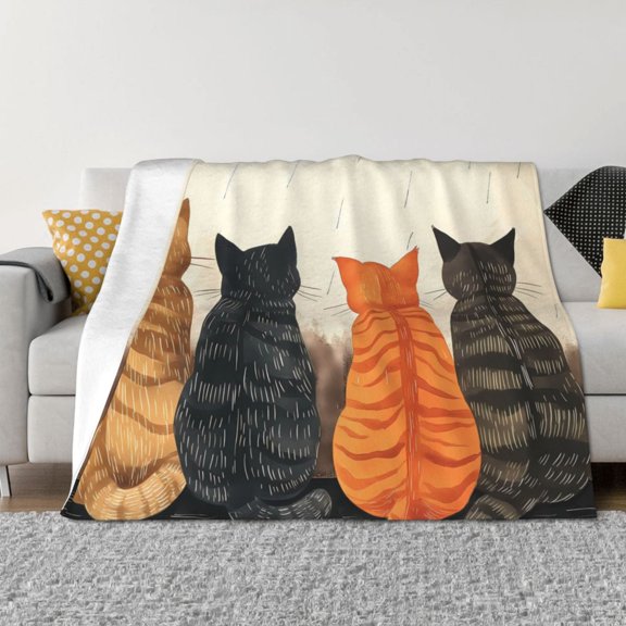 Rateoe Four Cats Watching Rain Pattern Flannel Throw Blanket, Ultra-soft Blanket for Bed, Couch, Car, Hypoallergenic Anti-pilling blanket-