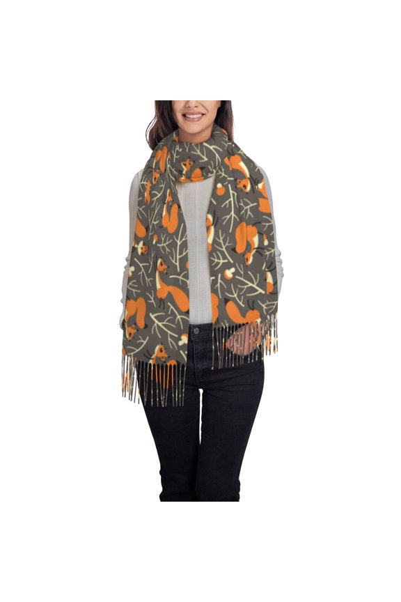 Fox And Mushroom Women's Traditional Scarf Wrap Tassel Shawl Fringes Neck Head Shawl Retro Scarf