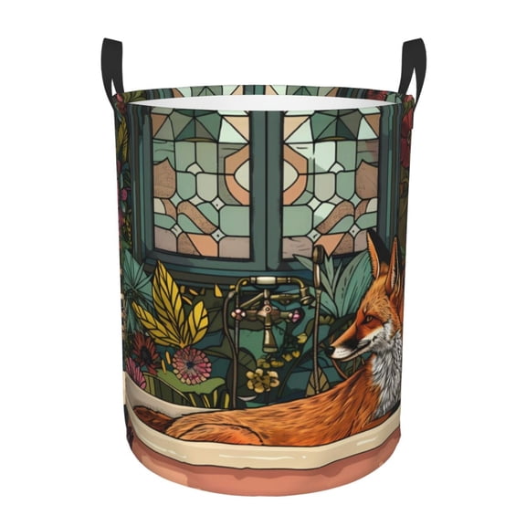 Rateoe Fox Bathtub Floral Art Pattern Round Laundry Hamper Basket, Tall Hamper Basket for Blanket Storage, Nursery Clothes Hamper for Laundry in Bedroom and College Dorm-Medium