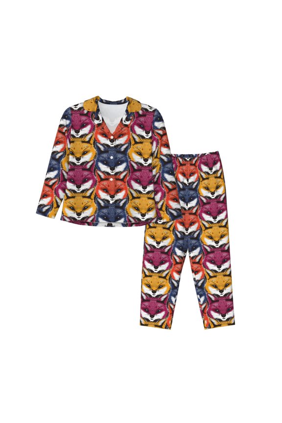 Fox Face Pattern Womens Pajamas Set Long Sleeve Sleepwear Button Down Nightwear Soft Cotton Pj Lounge Sets