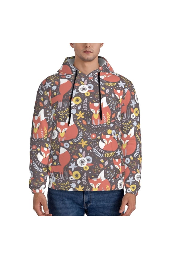 Foxes Pattern Mens Hoodie, Pullover Hooded Sweatshirt, Kangaroo Pocket Hoodie Ideal for Daily Wear, Travel and Home-Small
