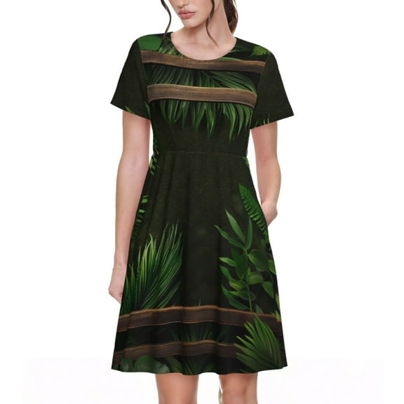 Rateoe Framed Greenery Wall Art Pattern Women’s Short Sleeve Dress – Casual Elegant Summer A-Line Dress for Everyday Wear
