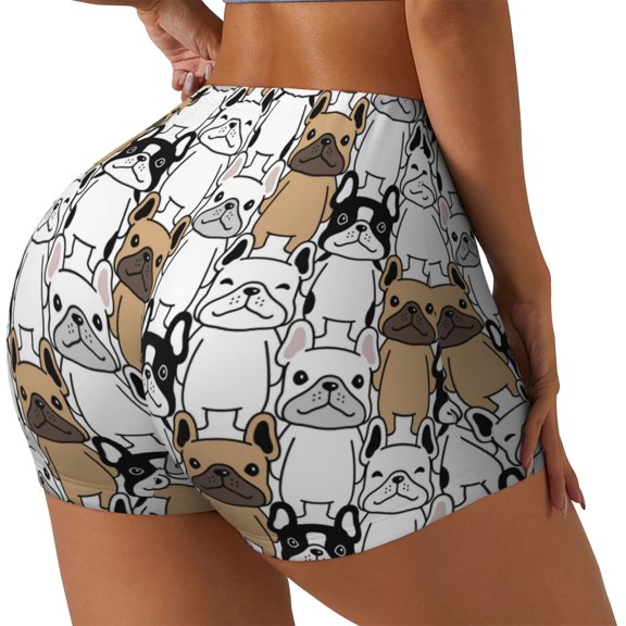 Rateoe French Bulldog 2 Printed Power Workout Shorts for Women Tummy Control Squat Proof Ribbed Thick Seamless Scrunch Active Short-Large