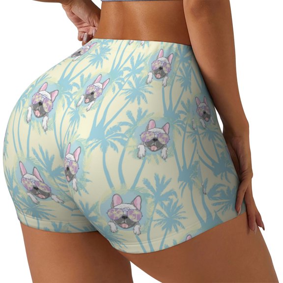 Rateoe French Bulldog 3 Printed Power Workout Shorts for Women Tummy Control Squat Proof Ribbed Thick Seamless Scrunch Active Short-Medium