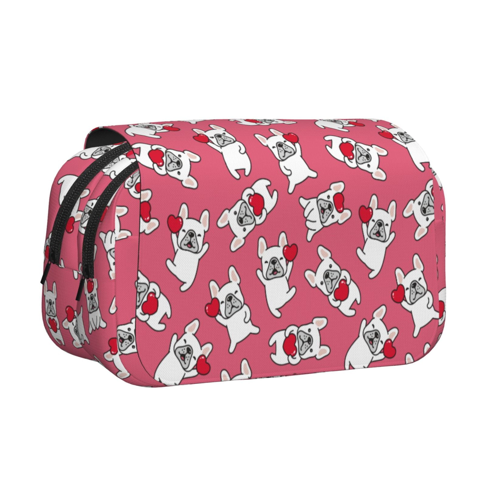 Rateoe French Bulldog And Heart Pattern Double Clamshell Pen Case, Storage Organizer with Two Zipper Compartments– Holds Up to 50 Pencils & Pens