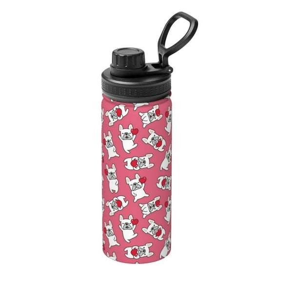 Rateoe French Bulldog And Heart Printed 18oz Sports Insulated Water Bottle, Double-Wall Stainless Steel Kettle with Leak-Proof Cap and Carry Loop, BPA-Free for Outdoor, Gym, Camping, and Travel