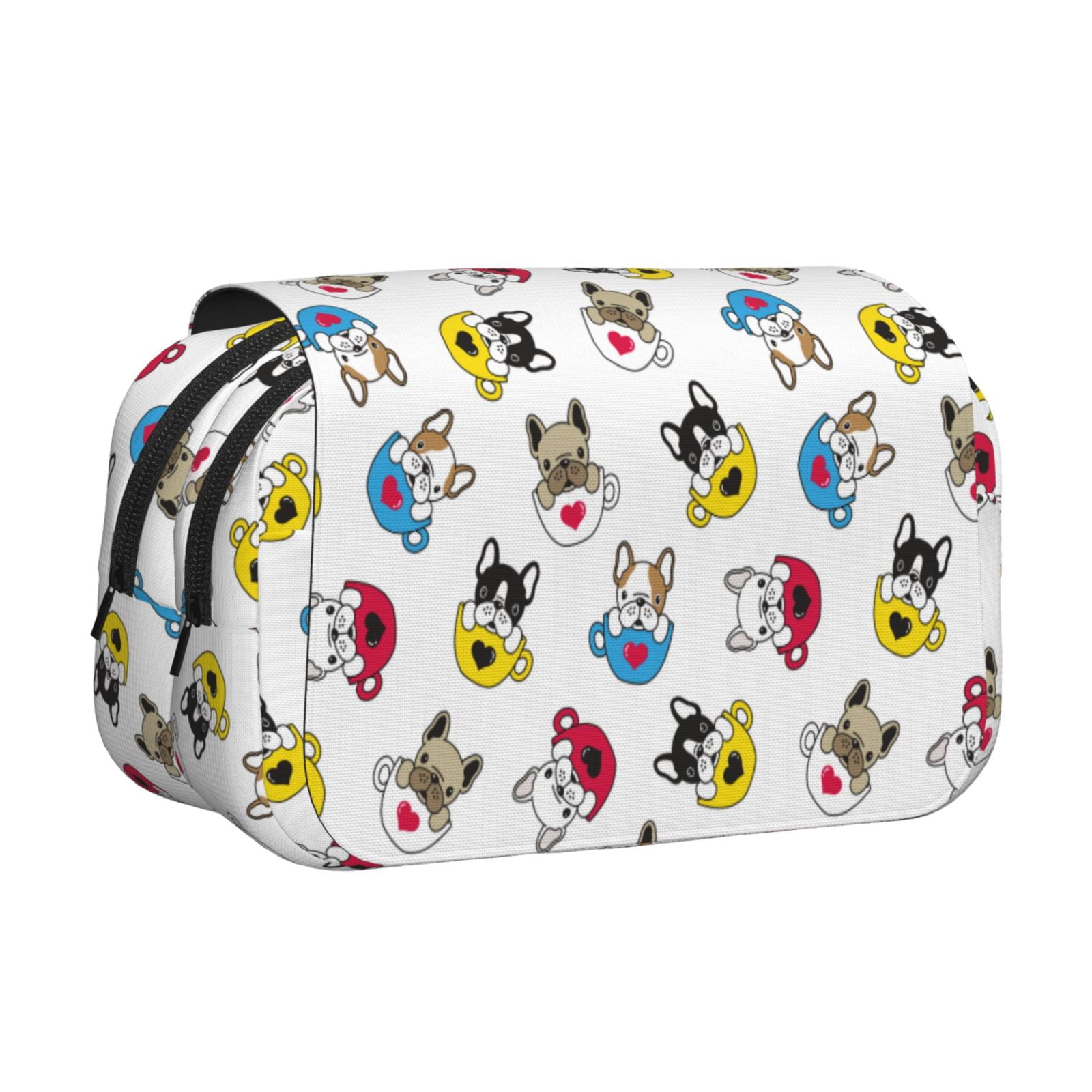 Rateoe French Bulldog With Coffee Cup Pattern Double Clamshell Pen Case, Storage Organizer with Two Zipper Compartments– Holds Up to 50 Pencils & Pens