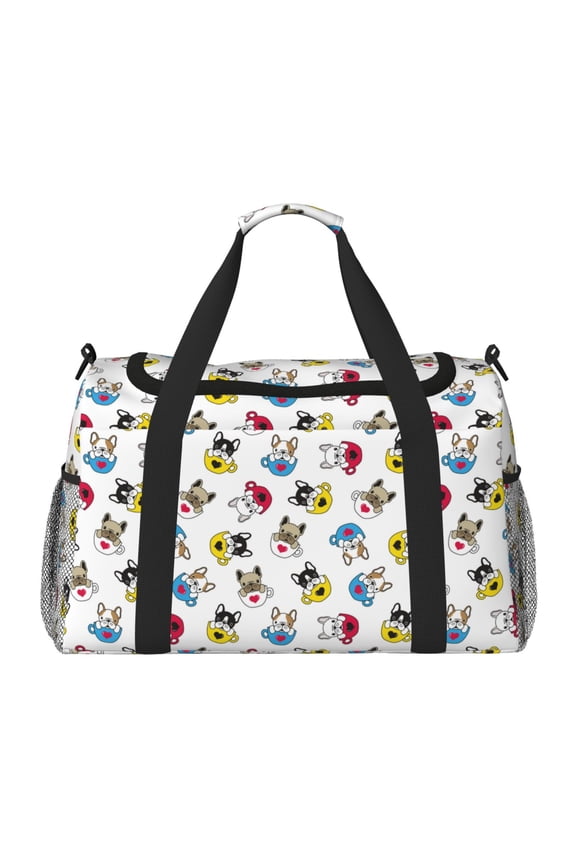 French Bulldog With Coffee Cup Pattern Gym Bag for Women, Duffle Bag for Travel with Wet Pocket, Carry on Weekender Bags for Women, Water Resistant Travel Bag Duffel Bag