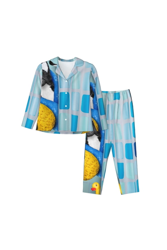 French Bulldog Dog in a Bathtub Pattern Womens Pajamas Set Long Sleeve Sleepwear Button Down Nightwear Soft Cotton Pj Lounge Sets