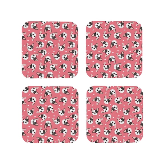 Rateoe French Bulldog Face Drawing Drink Coasters Set of 4 Leather Coasters Spill Protection for Table Desk,Durable and Non Slip Leather Coaster ,4 Inches Drink Mats-Square