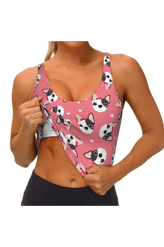 French Bulldog Face Print Womens' Sports Bras Scoop Neck Sports Vest- Padded U Back Seamless High Impact Support